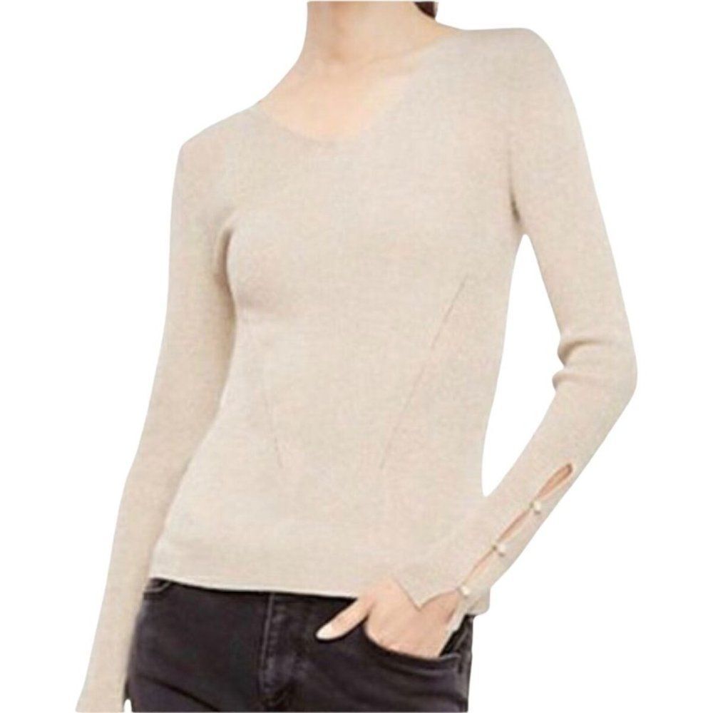 Ann Taylor Gold V-Neck Sweater With Sleeve Buttons XS